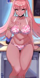 1girls alternate_skin_color bracelet breasts ceroccb choker cleavage commission dark-skinned_female dark_skin desk ear_piercing earrings female female_only fire_emblem fire_emblem:_three_houses gyaru highres hilda_valentine_goneril indoors large_breasts lingerie looking_at_viewer nintendo pink_bikini pink_bra pink_eyes pink_hair pink_panties solo tan_skin tan_skinned_female twintails watermark rating:Questionable score:48 user:kris923