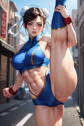 abs ai_generated ass big_ass big_breasts booty_shorts breasts brown_hair cameltoe capcom chun-li female_focus fit fit_female leg_up mature_female navel short_shorts shorts splits street_fighter thick_thighs thong rating:Explicit score:36 user:Crcole331