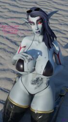  3d 3d_(artwork) beach big_breasts bikini breasts busty cg curvy elf emo female goth huge_breasts lingerie model night_elf thick thick_thighs thighs voluptuous warcraft world_of_warcraft wow xelli  rating:explicit score: user:xelli