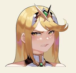 1girls bad_id bad_twitter_id blonde_hair blouse chest_jewel disgust female highres long_hair mythra mythra_(xenoblade) nintendo nyantcha pale_skin portrait scowl shirt sleeveless sleeveless_shirt swept_bangs thiccwithaq tiara xenoblade_(series) xenoblade_chronicles_(series) xenoblade_chronicles_2 yellow_eyes rating:Safe score:208 user:yipe