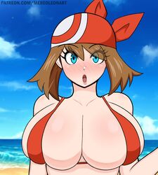 1girls bandana beach bikini blue_eyes breasts brown_hair cleavage female huge_breasts light-skinned_female light_skin long_hair massive_breasts may_(pokemon) mereoleonart nintendo outdoors pokemon pokemon_rse rating:Questionable score:150 user:Aeolus_HX