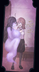 2girls big_ass big_breasts black_skirt blue_body brown_eyes brown_hair critnuke dark_eyes dark_hair female female_only ghost_girl scared school_uniform shaky smile rating:Explicit score:101 user:Elsurudoiha