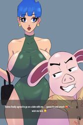 1boy 1girls 2023 anthro anthro_on_human blue_eyes blue_hair breasts bulma bulma_(dragon_ball) bulma_briefs caption cicadahh cleavage clothed clothing curvy curvy_female curvy_figure date dragon_ball dragon_ball_super dress earrings female highres hourglass_figure instagram large_breasts larger_female lipstick male milf oolong pig selfie short_hair size_difference smaller_male snapchat straight text rating:Questionable score:142 user:Moxee