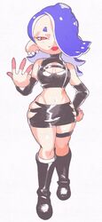 arm_warmers boob_window clothed clothing crop_top female inkuusan octoling one_eye_obstructed shiver_(splatoon) simple_background skirt smile smiling solo solo_female splatoon splatoon_3 rating:Questionable score:125 user:Stikcs