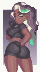 ass ass_focus black_clothing bubble_butt clothed crop_top dark_skin female inkuusan lipstick marina_(splatoon) shorts simple_background solo solo_female splatoon splatoon_2 thick_thighs rating:Questionable score:272 user:Stikcs