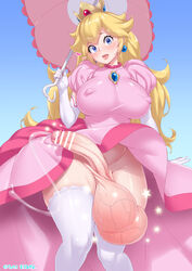 1futa 2023 balls big_breasts blonde_hair blue_background blue_eyes bottomless breasts clothed clothing dress dress_lift erection futa_only futanari gigantic_testicles horny huge_balls huge_cock human light-skinned_futanari light_skin long_hair looking_at_viewer mario_(series) mostly_clothed nipple_bulge nipples_visible_through_clothing oversized_balls pale-skinned_female pale_skin parasol penis pink_dress princess_peach simple_background solo standing star testicles thick_thighs thighhighs thighs tongue_out uno_makoto upskirt vein veiny_penis veiny_testicles rating:Explicit score:298 user:Yuron