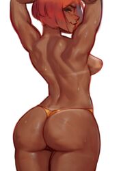 1girls ankaeverlasting arms_up ass dark-skinned_female from_behind giovanna_(guilty_gear) guilty_gear medium_breasts short_hair solo sweat tanline thong topless white_background rating:Explicit score:109 user:upvote