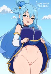 1girls aqua_(konosuba) aqua_eyes aqua_hair belly big_breasts blush clothes cremanata detached_sleeves dress dress_lift english_text eyelashes female female_only grin hairless_pussy half-closed_eyes heart highres kono_subarashii_sekai_ni_shukufuku_wo! light-skinned_female long_hair looking_at_viewer navel no_panties open_mouth open_smile presenting presenting_pussy pussy seductive shaved_pussy skirt_lift sky smile smug solo standing stomach text thick_thighs thighs uniform vagina rating:Explicit score:439 user:Mivaza