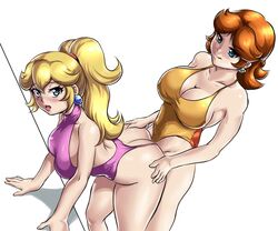 2girls ass bent_over blonde_hair blue_eyes breasts brown_hair dry_humping earrings flower_earrings hand_on_ass implied_futanari large_breasts leonart mario_(series) medium_hair nintendo one-piece_swimsuit pink_one-piece_swimsuit pink_swimsuit ponytail princess_daisy princess_peach sex swimsuit tomboy tribadism tribadism_from_behind yellow_one-piece_swimsuit yellow_swimsuit yuri rating:Explicit score:124 user:267er