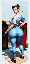 ai_generated arcade ass ass_focus big_ass big_butt black_eyes breasts brown_hair bubble_butt cameltoe capcom chinese_clothes chun-li double_bun female from_behind hair_bun hair_ribbon huge_ass large_breasts leggings looking_at_viewer looking_back pants shiny shiny_clothes shiny_hair shiny_skin short_hair sideboob smile solo street_fighter street_fighter_6 tight_pants rating:Questionable score:85 user:darkcrystal35