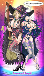 2girls big_breasts black_hair blonde_hair blue_hair bracelet breasts broom clothing costume female female_only halloween hand_on_breast heels high_heels hyuuga_hinata milf naruto naruto_shippuden necklace pink_eyes raikage_art speech_bubble stockings tsunade witch_hat rating:Explicit score:106 user:CyanXan