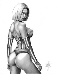 ass ass_focus black_and_white bob_cut bubble_butt corset dat_ass elbow_gloves emma_frost glowing_eyes grayscale looking_back marvel marvel_comics michael_armstrong panties posing thong thong_panties white_eyes white_queen x-men rating:Questionable score:3 user:Blueblaster69