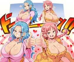 2girls big_breasts blue_hair bocodamondo breast_shake breast_squeeze breasts cleavage dress duo extreme_cleavage female female_only hand_on_breast hearts hourglass_figure huge_breasts lewdamone looking_at_each_other looking_at_viewer nefertari_vivi one_piece pink_dress pink_hair princess princesses rebecca_(one_piece) smile smiling smiling_at_viewer smirk sweat sweating sweaty_breasts teen teenager thin_waist thumbs_up wide_hips yellow_dress rating:Questionable score:634 user:dlguy95