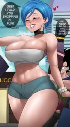 1boy 1girls absurdres blue_hair breasts bulma bulma_briefs dragon_ball dragon_ball_super echosaber english_text female large_breasts light_skinned_female male short_hair tagme thick_thighs vegeta rating:Questionable score:420 user:N33dForBr33d