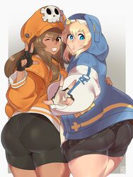 2girls ass big_breasts big_butt bike_shorts blonde_hair blue_eyes breasts bridget brown_eyes brown_hair butt female fingerless_gloves from_behind gloves grin guilty_gear guilty_gear_strive hat hexprinxess hoodie huge_butt large_butt light-skinned_female light_skin long_hair looking_back may_(guilty_gear) medium_hair miniskirt orange_eyes pantylines pirate pirate_hat shorts sidelocks simple_background skirt smile spats tan-skinned_female tan_skin thick_thighs thighs tight_clothing v wide_hips rating:Questionable score:438 user:Oktok