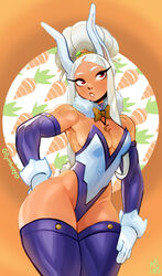 1girls armwear bunny_ears bunny_girl bunnysuit dark-skinned_female dark_skin elbow_gloves eyelashes eymbee female female_only gloves hand_on_hip legwear leotard long_hair looking_away miruko my_hero_academia neck_ribbon red_eyes rumi_usagiyama solo thick_thighs thighhighs tied_hair white_hair rating:Questionable score:93 user:!nner$elf89