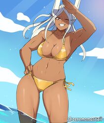 1girls ;d absurdres animal_ears arm_up armpits bikini blue_sky breasts cleavage cloud collarbone commentary dark-skinned_female dark_skin english_commentary gold_bikini hand_on_own_hip highres large_breasts light_particles long_eyelashes miruko my_hero_academia navel one_eye_closed open_mouth outdoors parted_bangs rabbit_ears rabbit_girl red_eyes rumi_usagiyama shounen_jump side-tie_bikini_bottom sky smile solo stomach sunlight swimsuit thighs toned twitter_username wading water white_hair zeromomentai rating:Questionable score:208 user:Devilukex