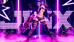 3d blue_hair braid braided_hair character_name fluorescent_light gun hair_past_waist huge_ass huge_breasts jinx_(league_of_legends) league_of_legends long_hair nillin_(artist) non-canonical_breasts purple_lighting socks thick_thighs weapon wet rating:Explicit score:45 user:Fouetty