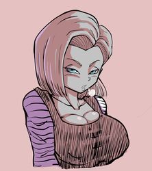 1girls android_18 areolae_bulge big_breasts blonde_hair blue_eyes cleavage dragon_ball exhaling female female_only fully_clothed looking_at_viewer pseudocel short_blonde_hair short_hair solo rating:Safe score:100 user:bot29