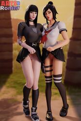 2girls 3d artsbyronin black_hair blender bottomwear breasts charlotte_(fortnite) choker clothed clothing duo epic_games facing_viewer female female_focus female_only flashing_pussy fortnite full_body hands_around_waist legwear lifted_by_self light-skinned_female light_skin long_hair looking_at_viewer medium_breasts no_panties no_underwear outdoors outside presenting presenting_pussy pussy pussy_lips pussy_peek school_uniform schoolgirl self_exposure shirt shoes skirt skirt_lift skirt_lifted_by_self skirt_up small_breasts standing stockings tattoo tattooed_arm tattoos tie topwear tsuki_(fortnite) uniform upskirt vagina watermark rating:Explicit score:129 user:mango05