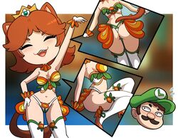 1boy 1girls :3 arm_up ass blush brown_hair cat_ears cat_tail catgirl chibi closed_eyes crown fangs female fire_flower gloves hand_on_hip heavy_blush heels kinkymation lingerie long_hair luigi male mario_(series) nintendo princess_daisy smile smiling super_mario_bros. tail thighhighs white_thighhighs rating:Questionable score:64 user:BlueVertig0