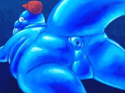  anthro anus ass balls blue_body butt_focus chubby_tail clothing flan_(everhood) genitals glistening glistening_body goo_creature hat headgear headwear hi_res looking_at_viewer male overweight perineum puffy_anus solo supersponger tail tongue tongue_out  rating:explicit score: user:bot