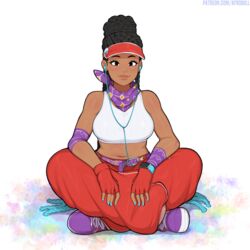 1girls african african_female afrobull baggy_pants black_eyes black_hair braid braided_hair breasts capcom clothed cute dark-skinned_female dark_skin kimberly_jackson listening_to_music shoes sitting smile solo street_fighter street_fighter_6 tagme visor watch white_background rating:Safe score:146 user:CyanXan