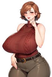 1girls blush breasts brown_hair clothing huge_breasts jeans kisuu lipstick looking_at_viewer mature_female milf nail_polish necklace original plump short_hair simple_background thick_thighs wide_hips wife rating:Questionable score:341 user:Dic