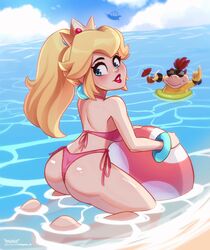 1boy 1girls 2d 2d_(artwork) ass bangs beach big_lips bikini blonde_hair blue_eyes blush bowser_jr. crown dick_sucking_lips female female_focus from_behind kneeling light-skinned_female light_skin lips lipstick magaska19 male mario_(series) mushroom nintendo outdoors pale-skinned_female pale_skin partially_submerged pink_bikini pink_lips pink_lipstick ponytail princess_peach shiny_skin string_bikini super_mario_bros. thick_lips thick_thighs water watermark rating:Questionable score:169 user:CT-14556