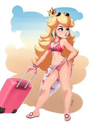 1girls beach bikini blonde_hair blue_earrings blue_eyes bra breasts crown earrings feet flip_flops lipstick luggage magaska19 mario_(series) pink_bikini pink_lips pink_lipstick pink_panties princess_peach sandals sarong super_mario_odyssey swimsuit underwear rating:Questionable score:116 user:CT-14556