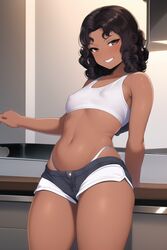 1girls ai_generated black_hair blush clothing dark-skinned_female dark_skin eyebrows_visible_through_hair female female_only hourglass_figure latina looking_at_viewer original short_hair smiling smiling_at_viewer wavy_hair rating:Questionable score:32 user:mari_sumi