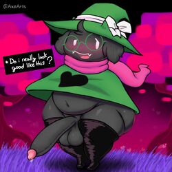 anthro ass axoarts balls belly big_balls big_butt big_penis black_body black_fur black_stockings black_thighhighs blush blush_lines bodily_fluids bottomless bovid caprine clothing deltarune digital_media_(artwork) english_text eyewear front_view fur genital_fluids genitals glasses goat grass green_clothing green_hat green_headwear green_robe half-closed_eyes hat hat_ribbon headgear headwear heart huge_cock legwear male male_only mammal narrowed_eyes navel outside penis pink_scarf plant precum ralsei ralsei_with_black_fur robe scarf solo standing stockings teeth testicles text thick_thighs thigh_highs thighhighs tongue tree undertale_(series) white_eyes white_ribbon rating:Explicit score:32 user:bot