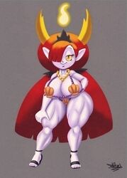 2023 artist_signature bikini disney gray_background hair_over_one_eye hand_on_hip hand_on_own_hip hekapoo huge_breasts long_hair long_red_hair orange_eyes red_hair sandals shell_bikini smile star_vs_the_forces_of_evil tansau yellow_sclera rating:Explicit score:35 user:lightswitch4th