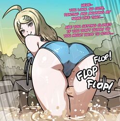 akamatsu_kaede bent_over blue_swimsuit danganronpa english_text female femdom hot_spring long_hair male mosbles onomatopoeia outside smooth_skin swimsuit teasing thick_thighs thigh_sex wet rating:Explicit score:80 user:GameRider345