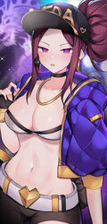 akali baseball_cap brown_hair choker chuin cleavage k/da_akali k/da_series league_of_legends necklace only_female pink_eyes ponytail strapless strapless_top strapless_topwear streetwear tubetop rating:Questionable score:43 user:MetalLover206