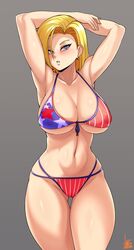 1girls american_flag_bikini android_18 big_breasts bikini blonde_hair blue_eyes bra breasts cleavage cosplay dragon_ball dragon_ball_z female female_only huge_breasts jmg large_breasts miyamoto_musashi_(fate)_(cosplay) nipples solo rating:Explicit score:72 user:SkipperTM