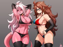 2girls android_21 arms_up big_breasts bikini blue_eyes bra breasts brown_hair cameltoe cleavage dragon_ball dragon_ball_fighterz dragon_ball_z earrings female glasses jmg large_breasts looking_at_viewer majin majin_android_21 nipples panties pink_body pink_skin red_eyes thighhighs white_hair rating:Questionable score:186 user:SkipperTM