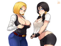 2girls android_18 big_breasts blush breasts cameltoe cleavage dragon_ball dragon_ball_z female female_only jmg large_breasts looking_at_viewer sweat videl rating:Explicit score:222 user:SkipperTM