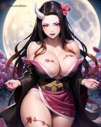 1girls 2023 aged_up ai_generated angry bare_shoulders big_breasts black_hair body_markings breasts breasts_bigger_than_head brown_hair cleavage clothed_female clothing_pull demon demon_girl demon_horns demon_slayer detailed fangs female female_only flower full_moon glowing_eyes hi_res hips horn huge_breasts illumaru kamado_nezuko kimetsu_no_yaiba kimono large_breasts long_hair long_nails multicolored_hair nails no_panties open_mouth orange_hair outside pink_eyes pink_kimono purple_eyes red_nails single_horn slim_waist slit_pupils solo stable_diffusion standing thick_thighs thighs two_tone_hair wide_hips rating:Questionable score:245 user:ilumaru