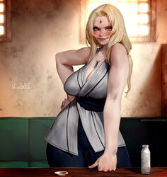 1girls alcohol areolae big_breasts blush breasts drunk female female_only forehead_mark fully_clothed large_breasts lerapi light-skinned_female looking_at_viewer naruto sake solo tsunade rating:Explicit score:64 user:InterAnal