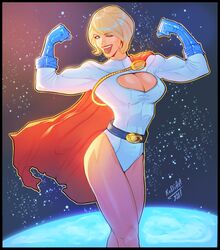 1girls blonde_hair cape dc dc_comics earth female female_only flex flexing fully_clothed karen_starr kodiart96 looking_at_viewer muscular_female power_girl solo space superheroine tagme wink rating:Safe score:67 user:slut_rper824