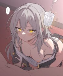 ... 1boy bare_shoulders big_breasts black_gloves black_jacket blush bra bra_pull breasts closed_mouth clothes_pull female gloves grey_hair hair_between_eyes honkai:_star_rail honkai_(series) jacket long_hair long_sleeves looking_at_viewer male_pubic_hair nipples one_breast_out penis_grab pubic_hair shirt stelle_(honkai:_star_rail) uncensored underwear waero white_shirt yellow_eyes rating:Explicit score:262 user:bot