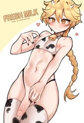 aether_(genshin_impact) amber_eyes black_nails blonde_hair blush btms666 collar cowbell erect_nipples femboy genshin_impact heart lactating long_hair male male_only milk nipples precum solo thighhighs rating:Explicit score:219 user:The_Trapster