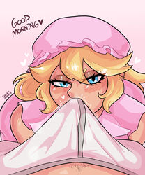 blonde_hair blush boner boner_in_pants bulge bulge_through_clothing kissing kissing_bulge loggus_doggus mario_(series) messy morning_wood night_cap nightgown nintendo princess princess_peach seductive steam steamy steamy_penis rating:Explicit score:178 user:Log_draws