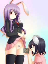 black_hair blazer brown_hair bunny_ear camcorder camera long_hair necktie no_panties photographic_proof pubic_hair purple_hair pussy red_eyes reisen_udongein_inaba short_hair skirt skirt_lift tewi_inaba thighhighs touhou tsukumiya_amane uncensored rating:Explicit score:24 user:bot