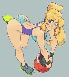 back bent_over blonde_hair blue_eyes bracelets clothed clothing helmet helmet_with_visor ponytail samus_aran simple_background smile sneakers solo standing varia_suit_helmet wheatlie rating:Questionable score:28 user:helpdesk