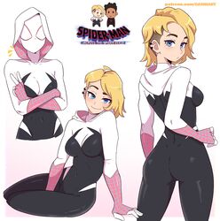 blonde_female blonde_hair blonde_hair_female bodysuit breasts chibi clothed clothed_female clothing crossed_arms cute dashi_art ear_piercing earrings eyebrow_piercing female female_focus full_body fully_clothed gwen_stacy gwen_stacy_(spider-verse) happy hood hoodie logo male marvel marvel_comics mask masked masked_female miles_morales multiple_views patreon piercing piercings plain_background pose presenting presenting_hindquarters rear_view seductive side_view sidecut signature sitting smile smiling spider-gwen spider-man:_across_the_spider-verse spider-man:_into_the_spider-verse spider-man_(series) undercut upper_body url white_background white_clothing yellow_hair rating:Safe score:450 user:Monbo