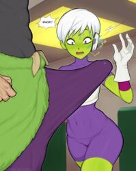 1boy 1girls afrobull big_penis broly broly_(dragon_ball_super) bulge cheelai dragon_ball dragon_ball_super english_text erection_under_clothes female_focus green_body green_skin large_penis medium_breasts penis_awe purple_eyes size_difference smaller_female white_hair rating:Explicit score:332 user:Zabior