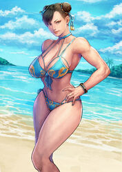 1girls absurdres bare_shoulders beach bikini blue_sky bracelet breasts brown_eyes brown_hair capcom chun-li cirenk cleavage closed_mouth cloud cloudy_sky collarbone commentary double_bun earrings female female_only fingernails fully_clothed hair_bun hair_ornament hand_on_own_hip highleg highleg_bikini highres jewelry lips looking_at_viewer makeup nail_polish navel ocean outdoors revision shore simple_background sky smile solo stomach straight_hair street_fighter street_fighter_ii swimsuit thighs water rating:Safe score:162 user:Winterslam