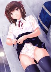 bra cameltoe panties school_uniform see-through see-through_panties skirt_lift thighhighs tsuchinoto wet wet_clothes rating:Explicit score:7 user:bot